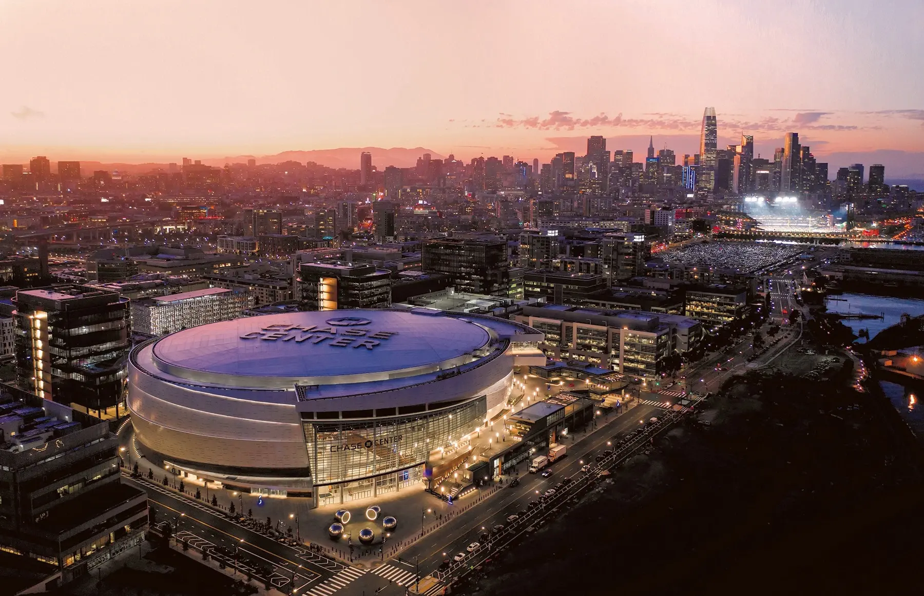 Chase Center from above at dusk